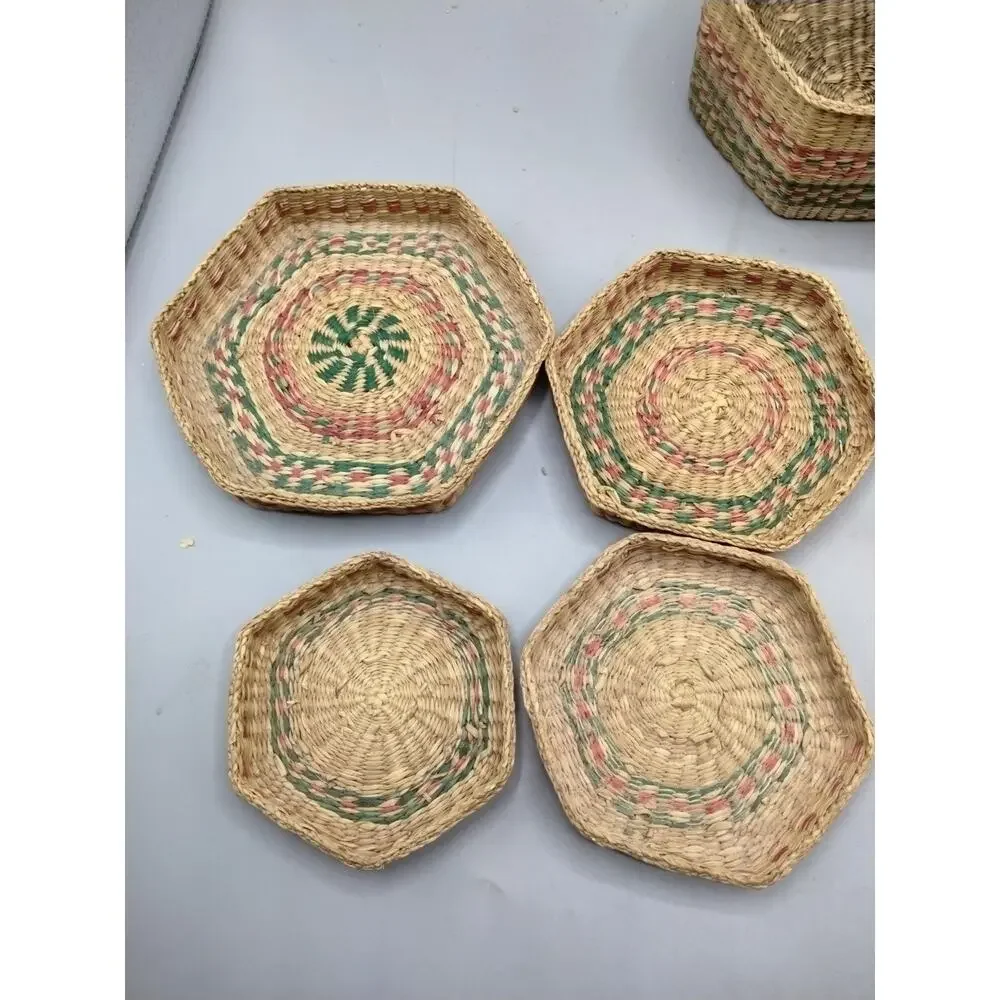 Nesting Natural Grass Woven Hexagon Baskets- Set of 4 w/Lids -Red &Green Trim